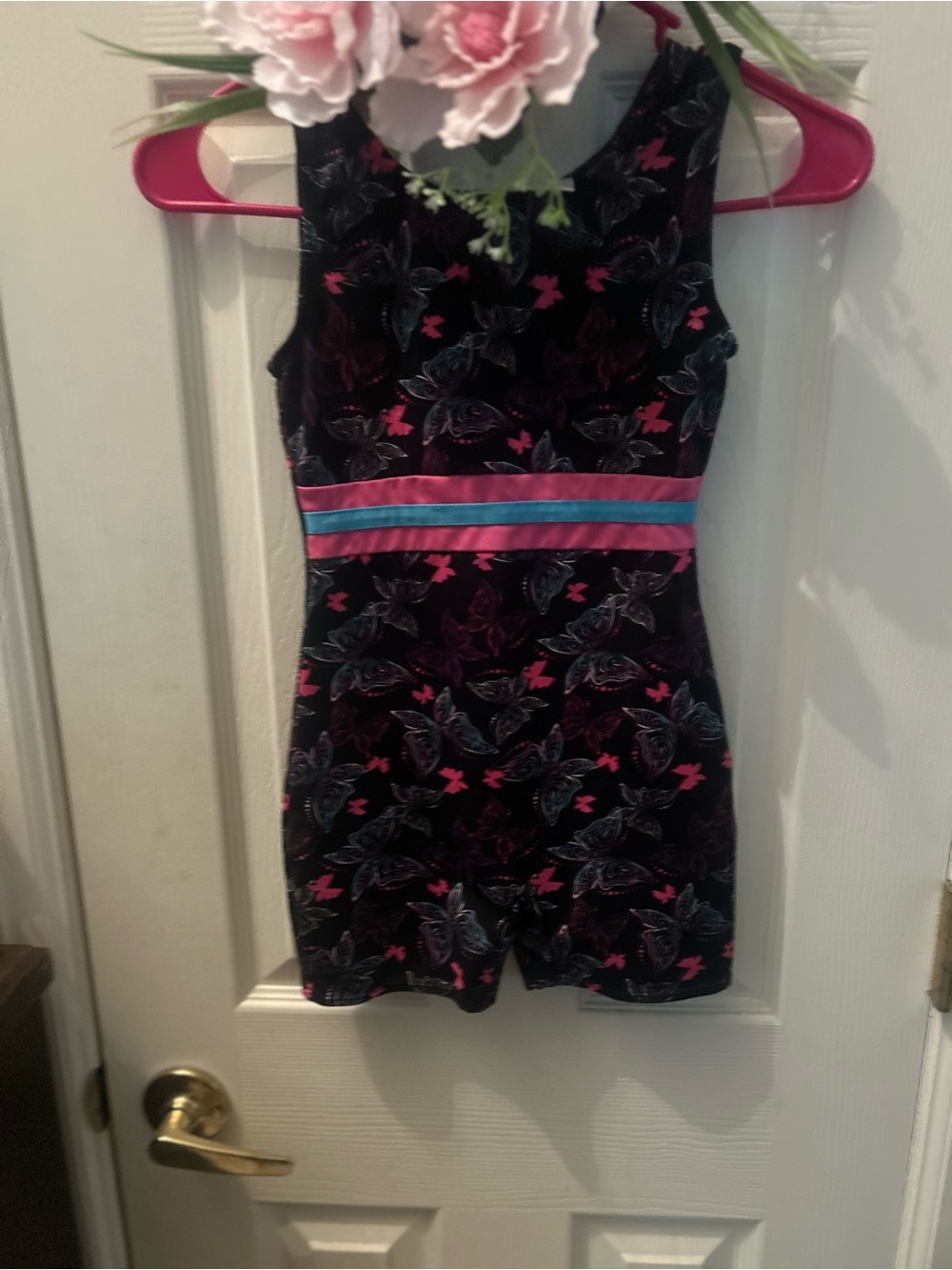 Danskin Black Butterfly Print leotard Dance gym with Pink & Teal Waistband m7-8.